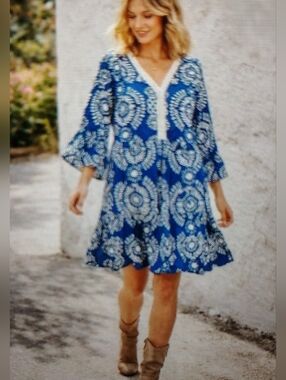 Boho-chic Folk Dress in Sapphire Blue by Saiph Lab Sz M